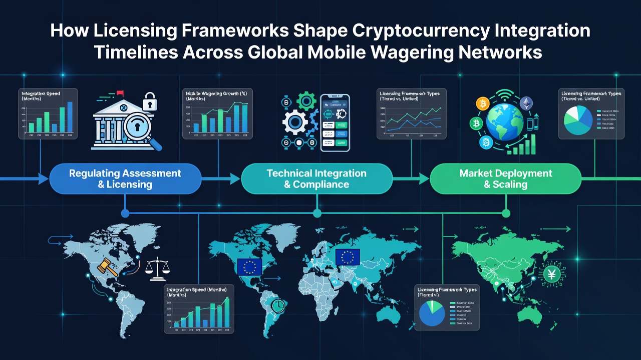 Global map illustrating cryptocurrency integration timelines in mobile wagering networks influenced by diverse licensing frameworks