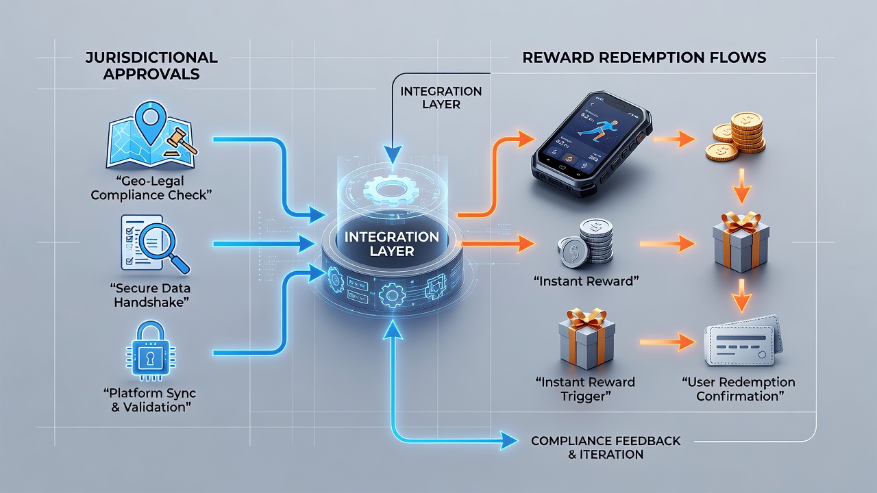 Flowchart diagram illustrating connections between licensing approvals and mobile reward redemption steps
