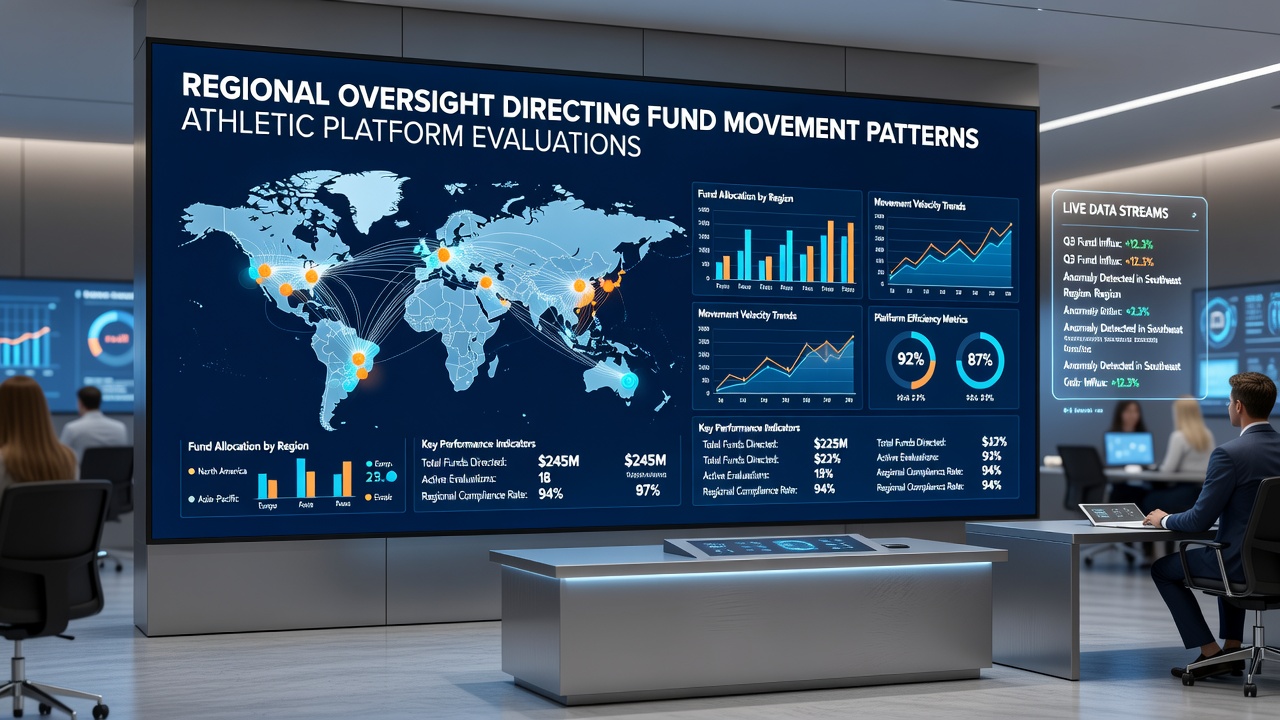 Flowchart showing oversight checkpoints directing fund movements in athletic platform evaluations